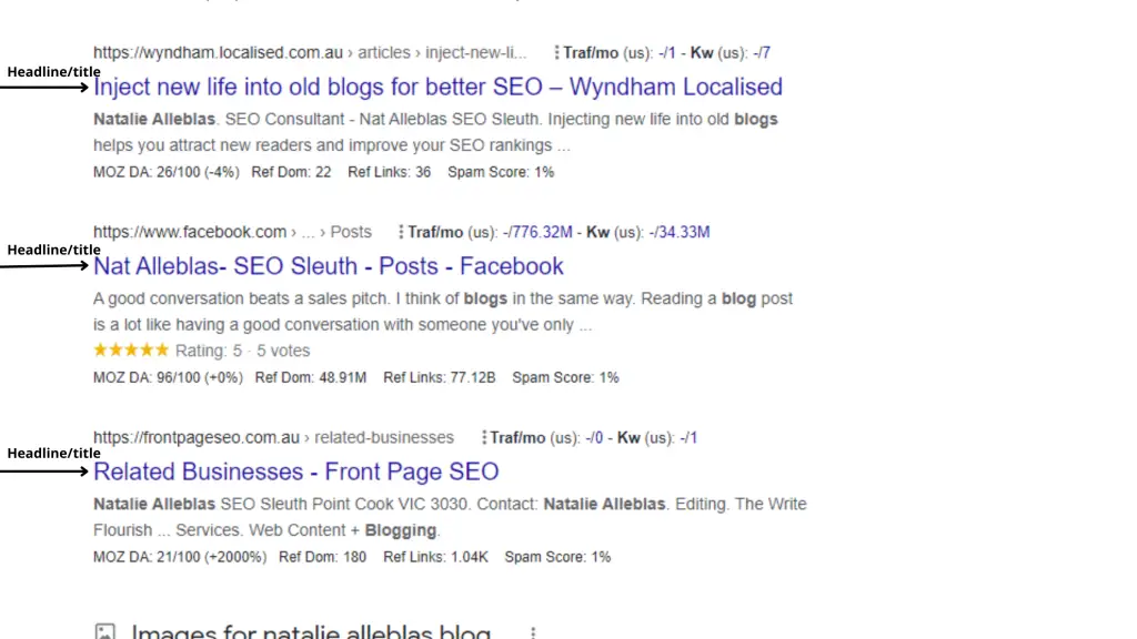 Screenshot showing Google search engine results page, with arrows pointing to the headline/title for each website listing.