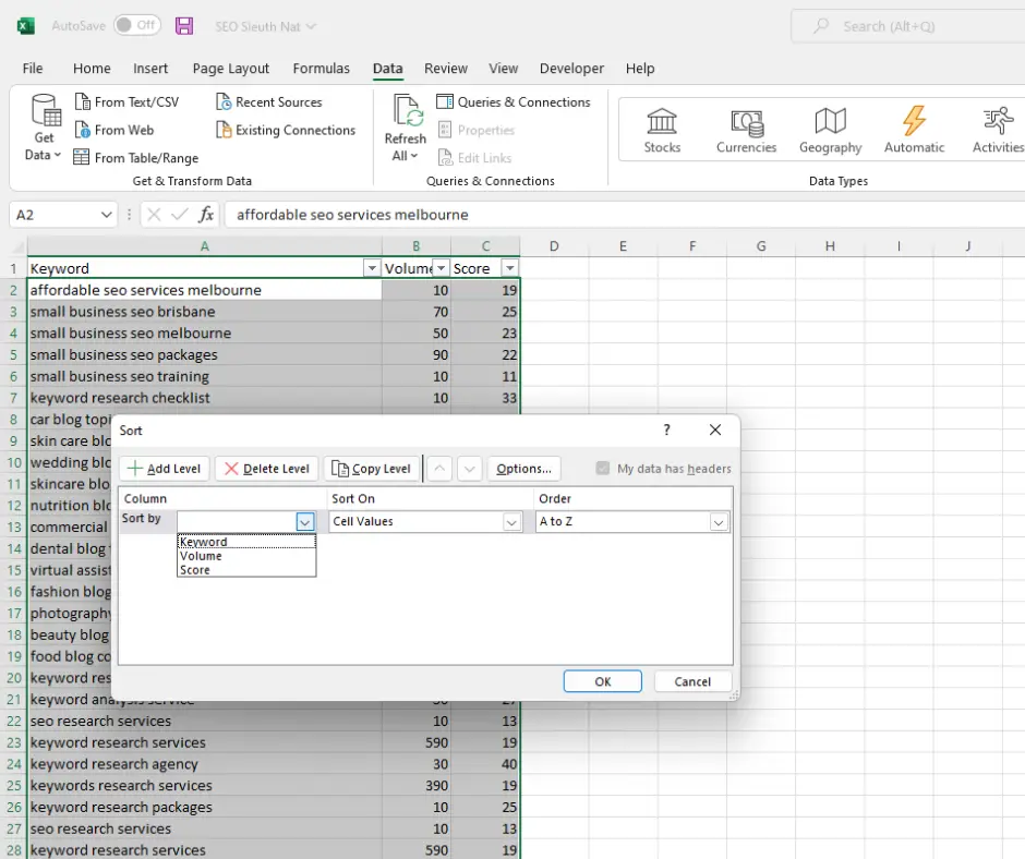 sort function in Excel for keyword research
