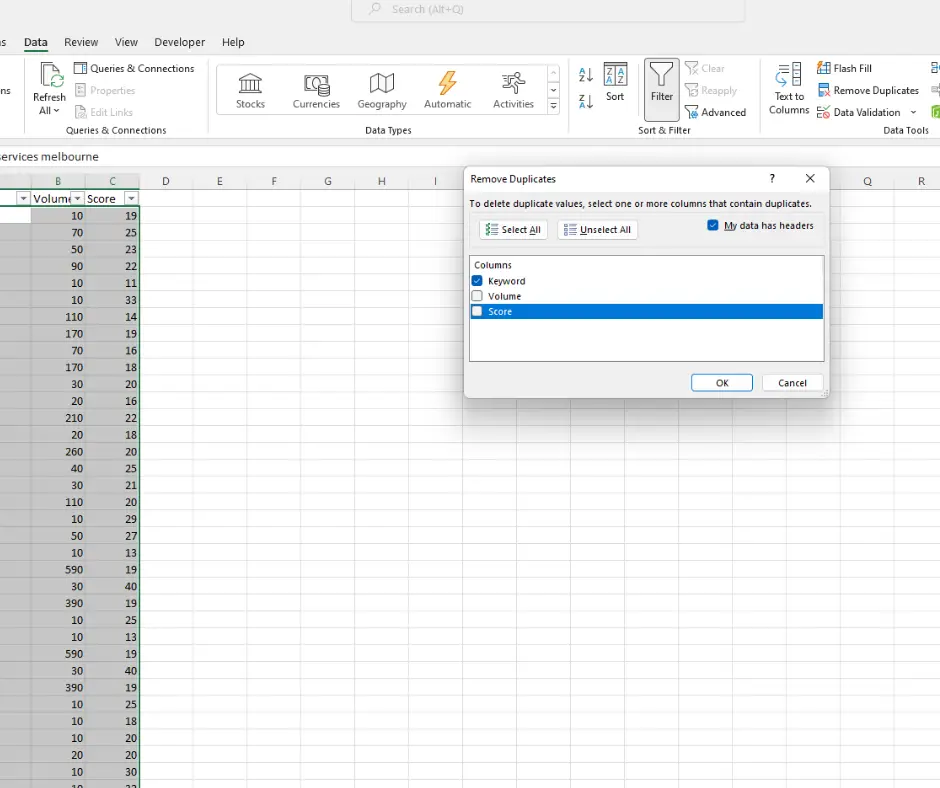 using the remove duplicates function in Excel for keyword research